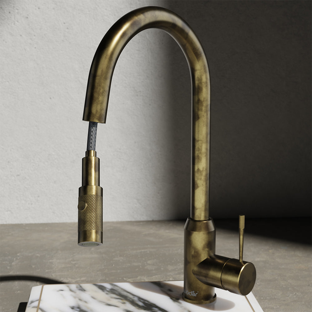 Wodar Flex Hidden Pull Out Kitchen Sink Mixer Aged Brass