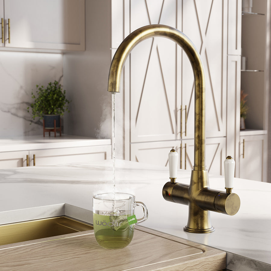 Holborn Traditional 3 in 1 Aged Brass White Handle Boiling Hot Water Tap