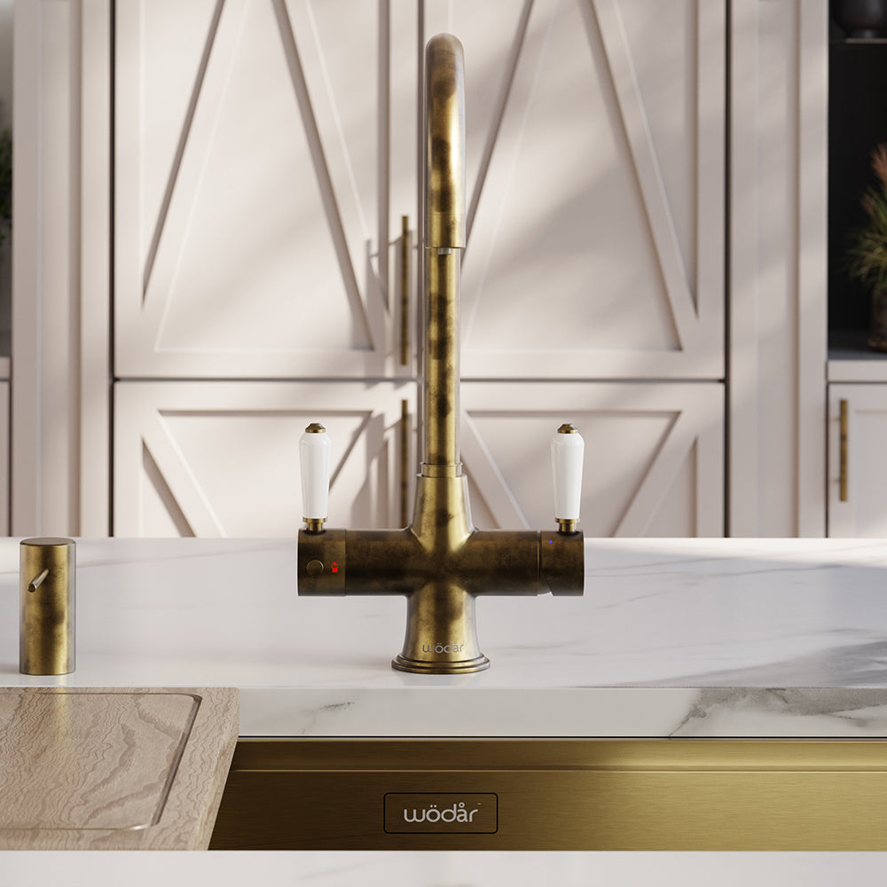 Holborn Traditional 3 in 1 Aged Brass White Handle Boiling Hot Water Tap