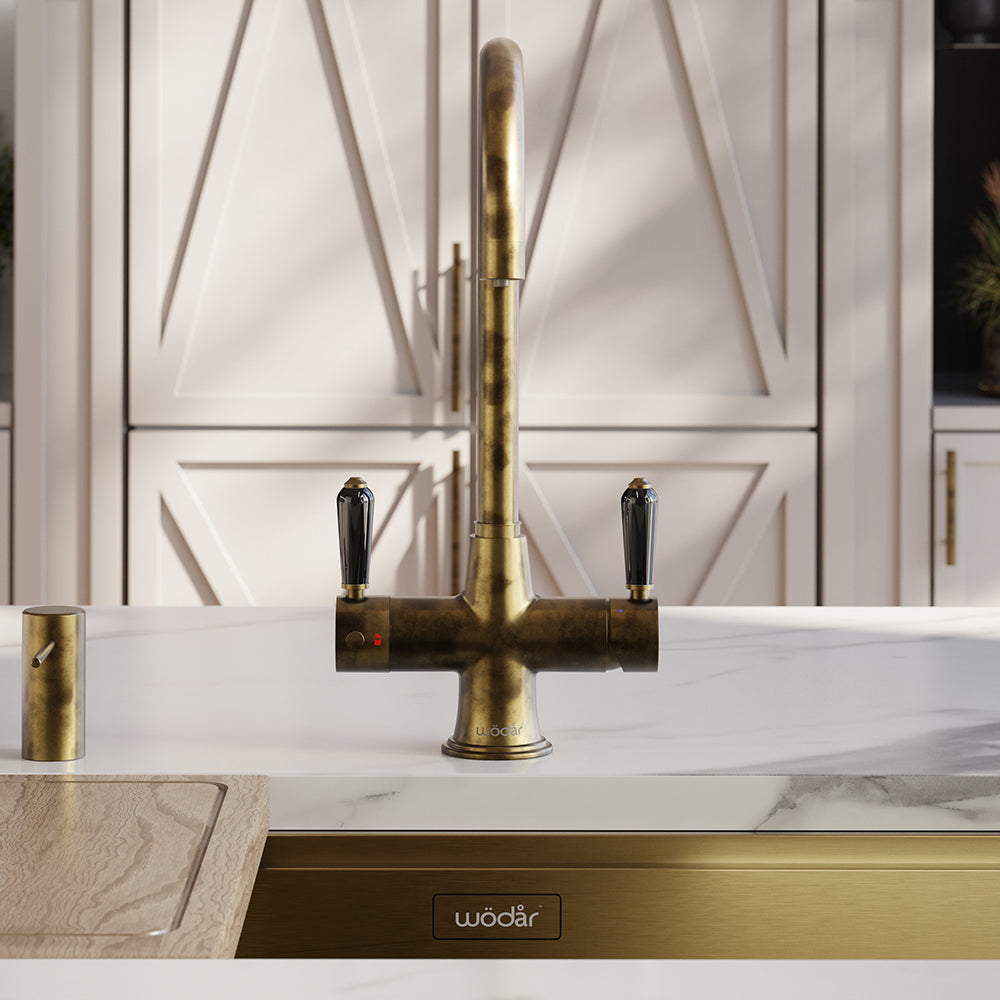 Holborn Traditional 3 in 1 Aged Brass Black Handle Boiling Hot Water Tap