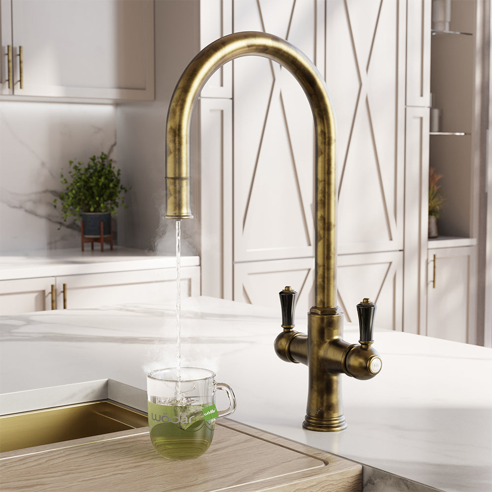 Knightsbridge Traditional 4 in 1 Pull Out Aged Brass Black Handle Boiling Hot Water Tap