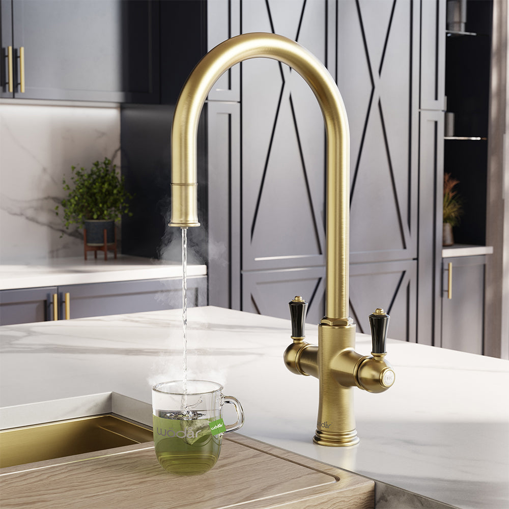 Knightsbridge Traditional 4 in 1 Pull Out Brushed Brass Black Handle Boiling Hot Water Tap