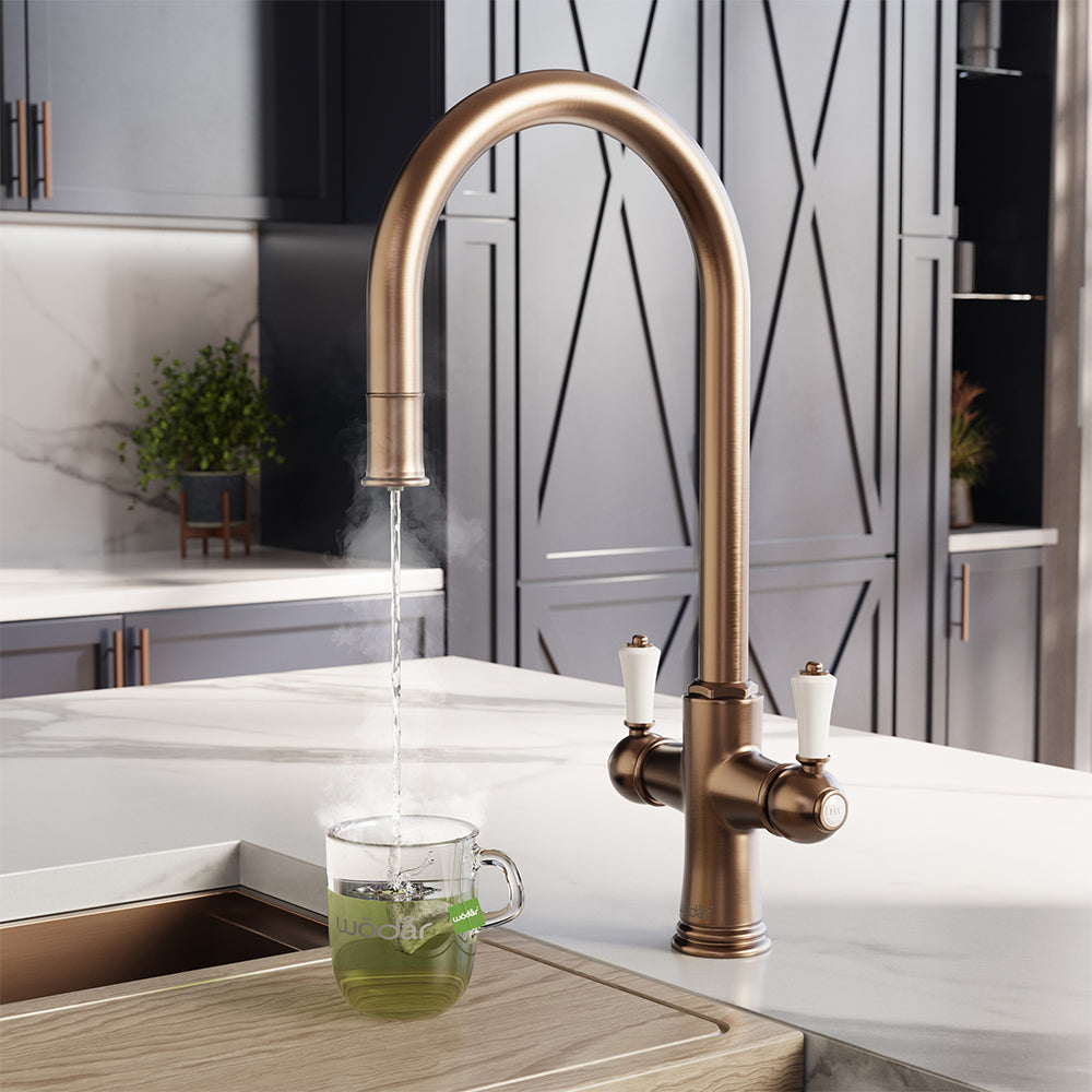 Knightsbridge Traditional 4 in 1 Pull Out Brushed Copper White Handle Boiling Hot Water Tap