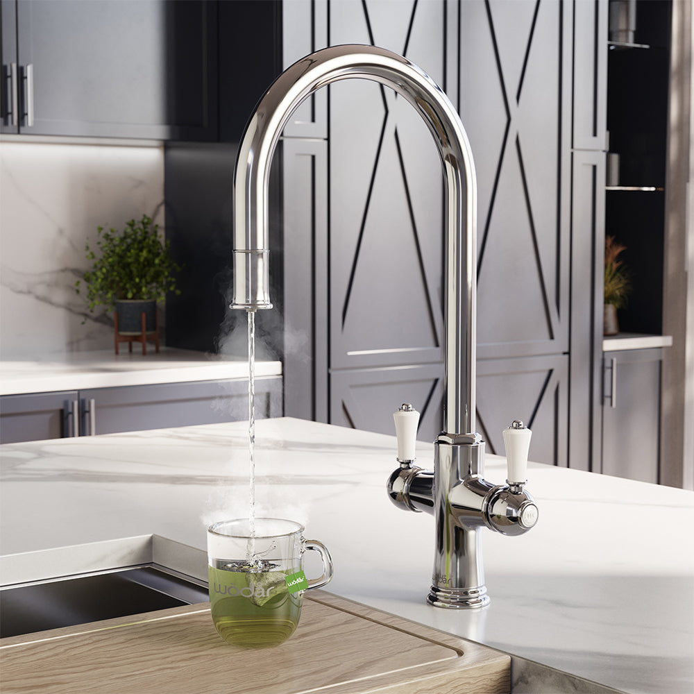 Knightsbridge Traditional 4 in 1 Pull Out Chrome White Handle Boiling Hot Water Tap