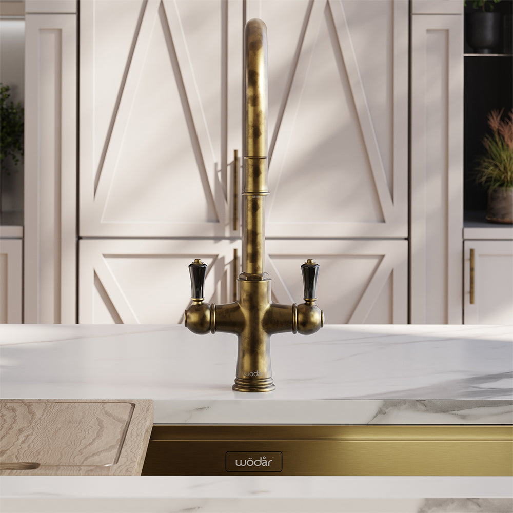 Knightsbridge Traditional 4 in 1 Pull Out Aged Brass Black Handle Boiling Hot Water Tap