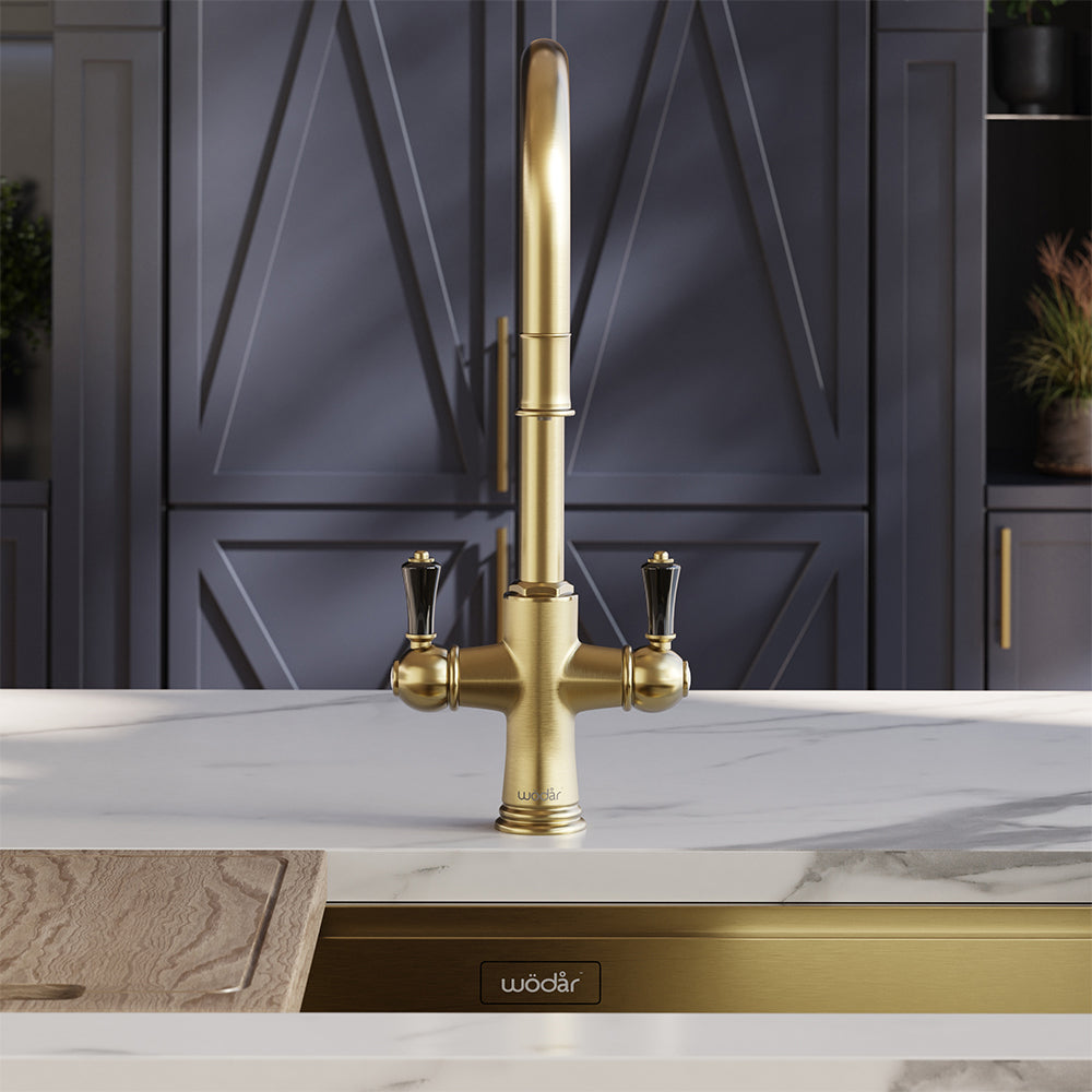 Knightsbridge Traditional 4 in 1 Pull Out Brushed Brass Black Handle Boiling Hot Water Tap