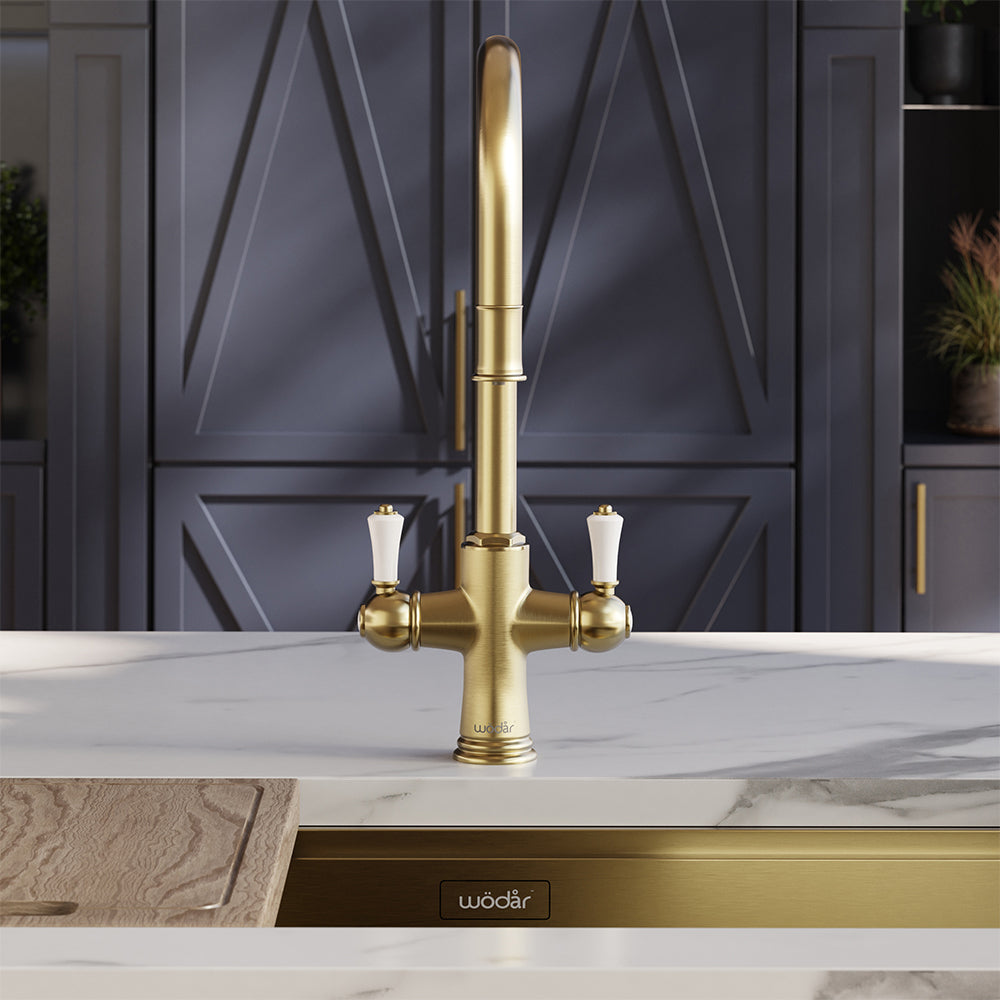 Knightsbridge Traditional 4 in 1 Pull Out Brushed Brass White Handle Boiling Hot Water Tap