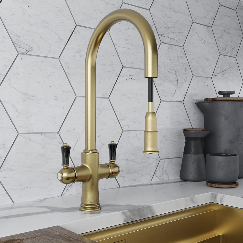 Knightsbridge Traditional 4 in 1 Pull Out Brushed Brass Black Handle Boiling Hot Water Tap