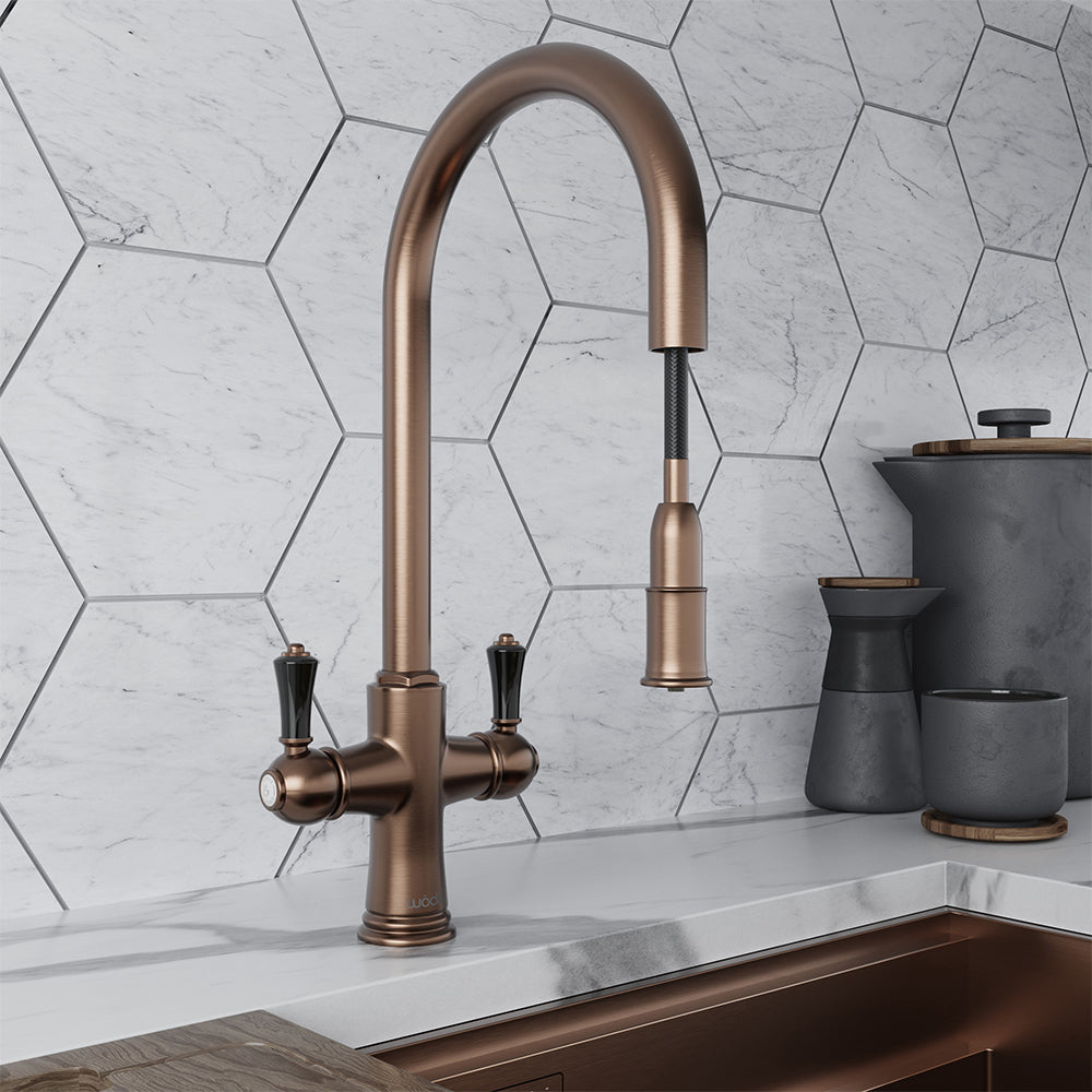 Knightsbridge Traditional 4 in 1 Pull Out Brushed Copper Black Handle Boiling Hot Water Tap