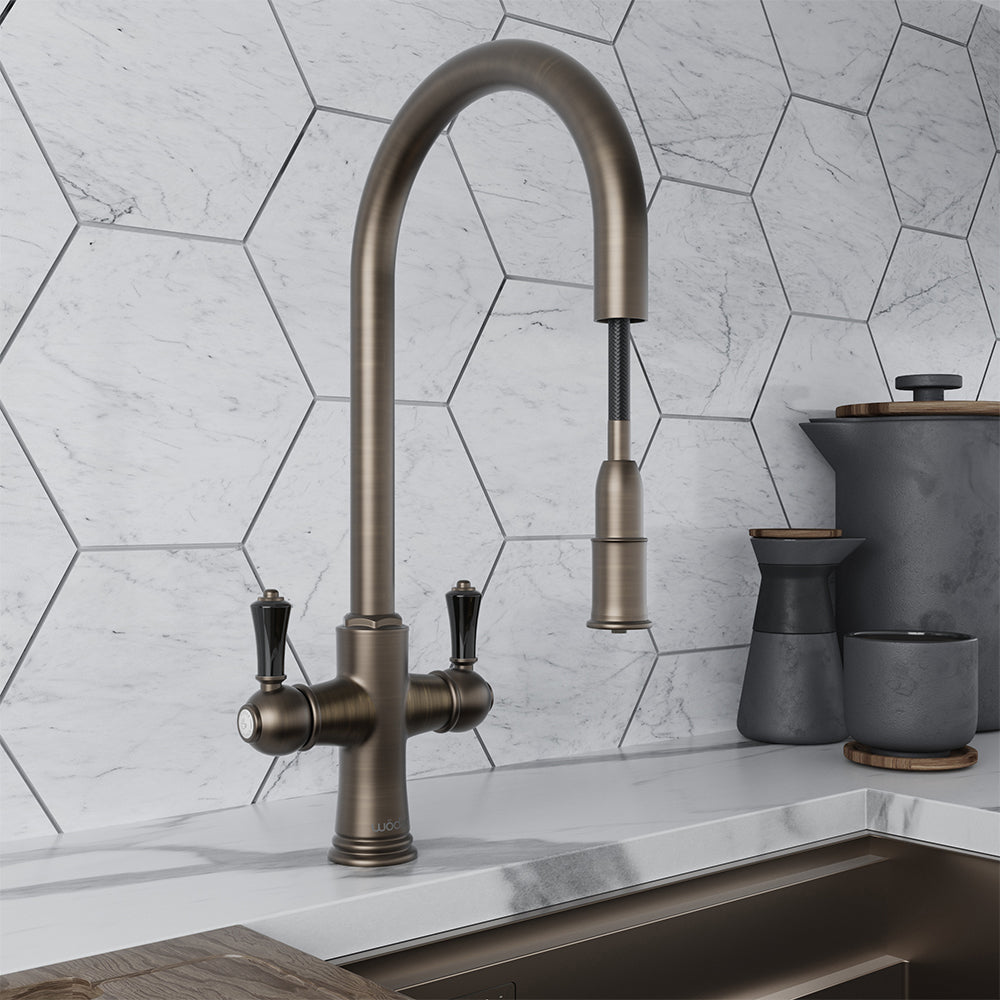 Knightsbridge Traditional 4 in 1 Pull Out Dark Brass Black Handle Boiling Hot Water Tap