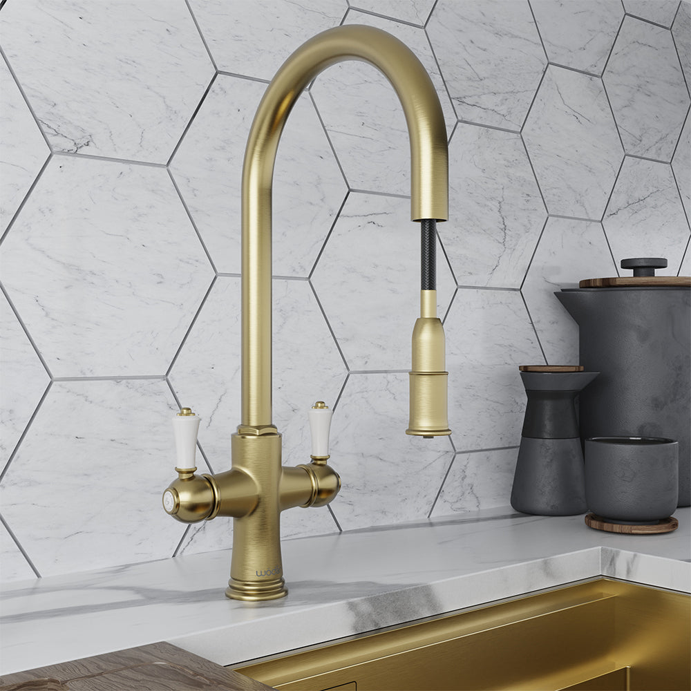 Knightsbridge Traditional 4 in 1 Pull Out Brushed Brass White Handle Boiling Hot Water Tap