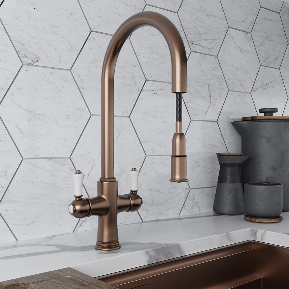 Knightsbridge Traditional 4 in 1 Pull Out Brushed Copper White Handle Boiling Hot Water Tap