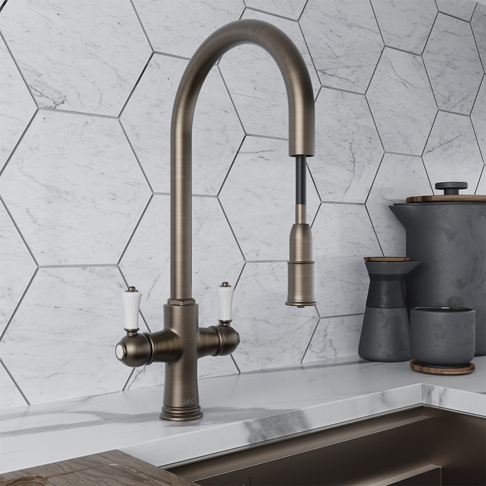 Knightsbridge Traditional 4 in 1 Pull Out Dark Brass White Handle Boiling Hot Water Tap