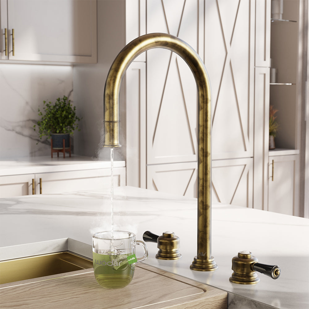 Knightsbridge Deck Mount Traditional 4 in 1 Pull Out Aged Brass Black Handle Boiling Hot Water Tap