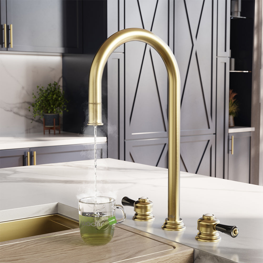 Knightsbridge Deck Mount Traditional 4 in 1 Pull Out Brushed Brass Black Handle Boiling Hot Water Tap