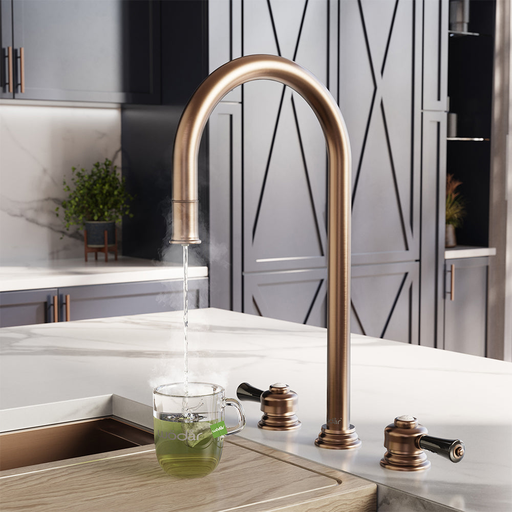 Knightsbridge Deck Mount Traditional 4 in 1 Pull Out Brushed Copper Black Handle Boiling Hot Water Tap