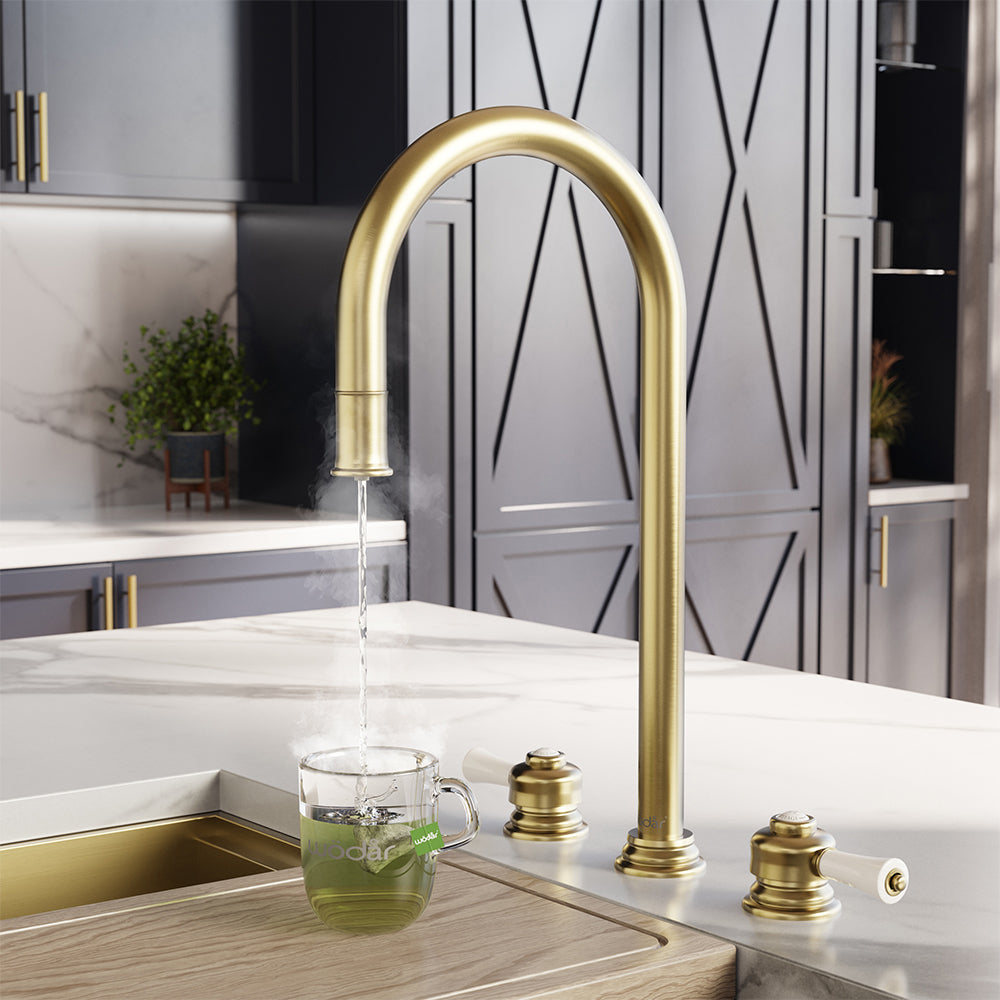 Knightsbridge Deck Mount Traditional 4 in 1 Pull Out Brushed Brass White Handle Boiling Hot Water Tap