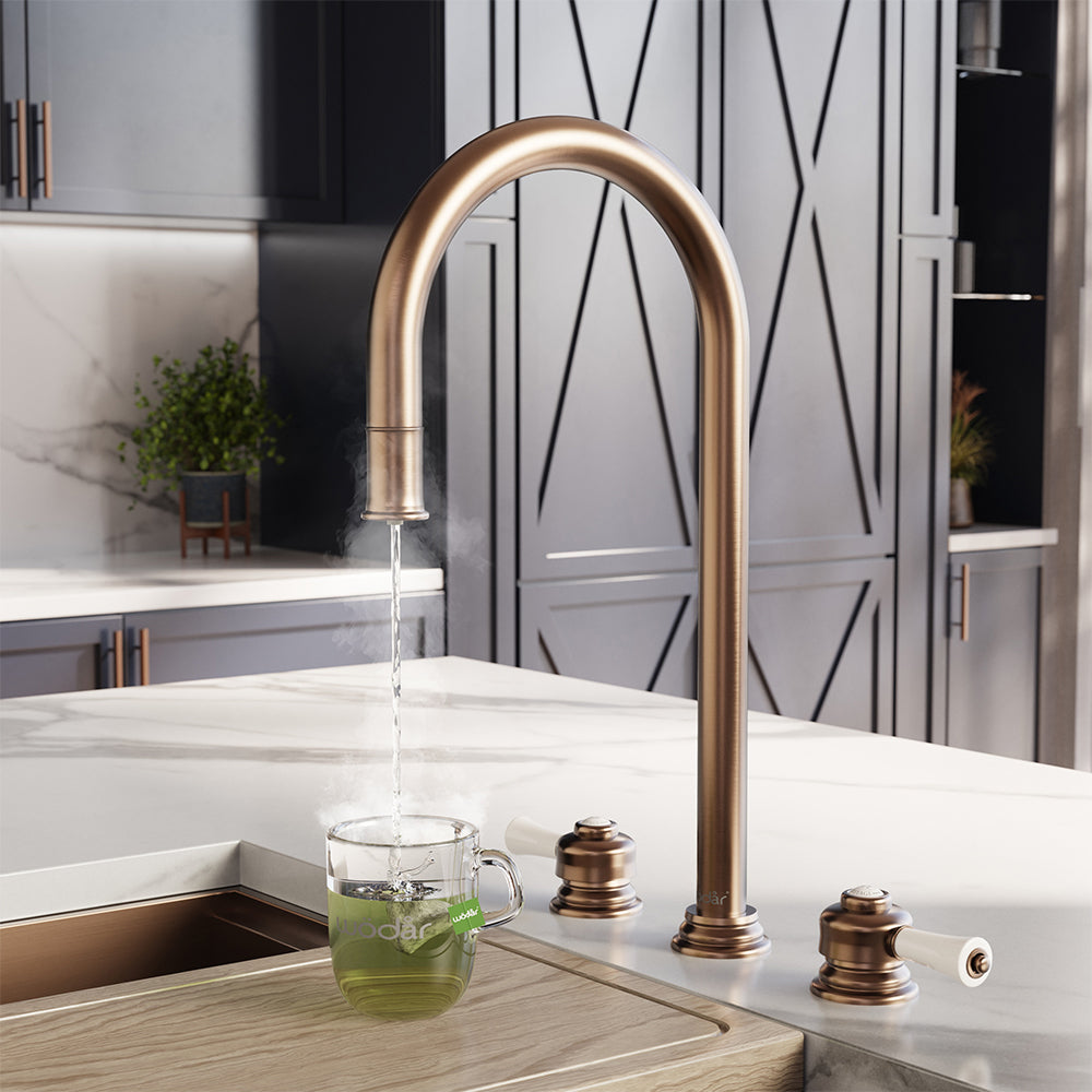 Knightsbridge Deck Mount Traditional 4 in 1 Pull Out Brushed Copper White Handle Boiling Hot Water Tap