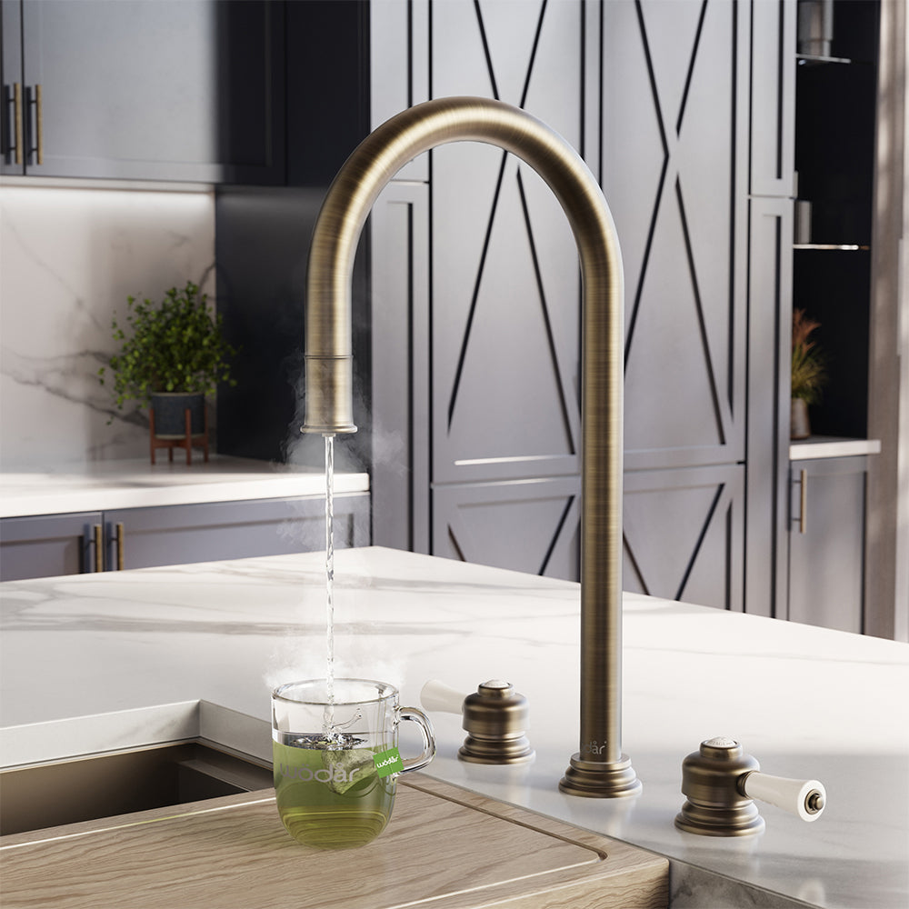 Knightsbridge Deck Mount Traditional 4 in 1 Pull Out Dark Brass White Handle Boiling Hot Water Tap