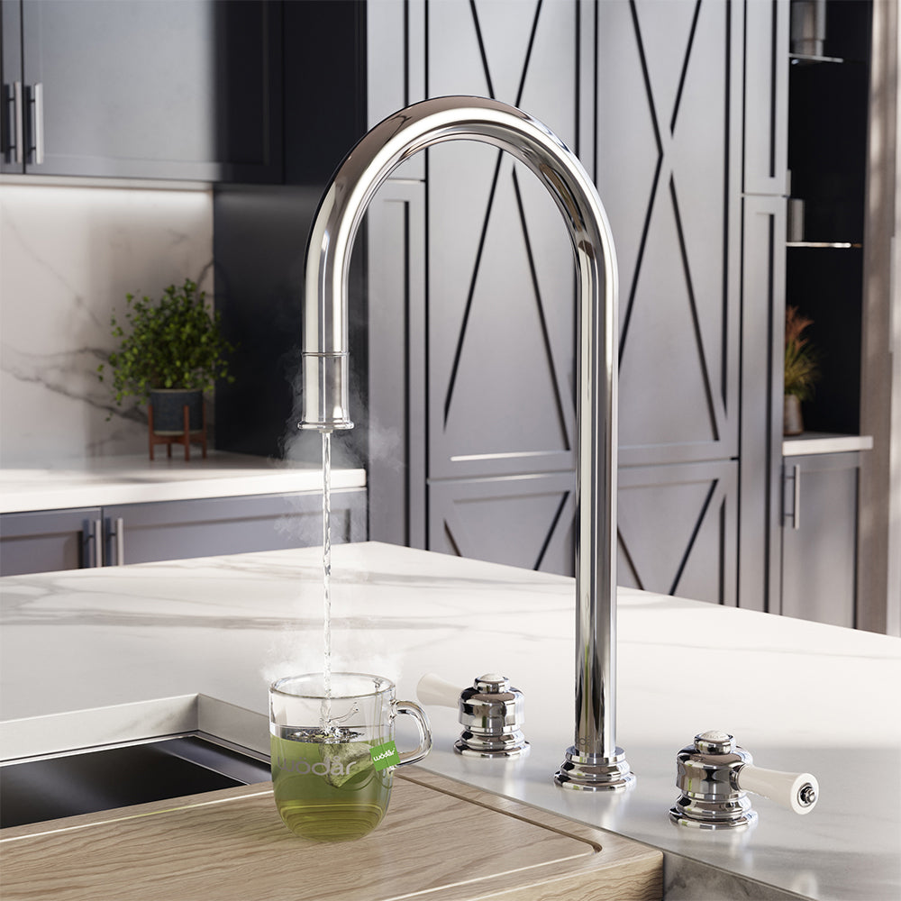 Knightsbridge Deck Mount Traditional 4 in 1 Pull Out Chrome White Handle Boiling Hot Water Tap