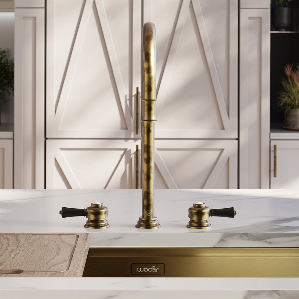 Knightsbridge Deck Mount Traditional 4 in 1 Pull Out Aged Brass Black Handle Boiling Hot Water Tap