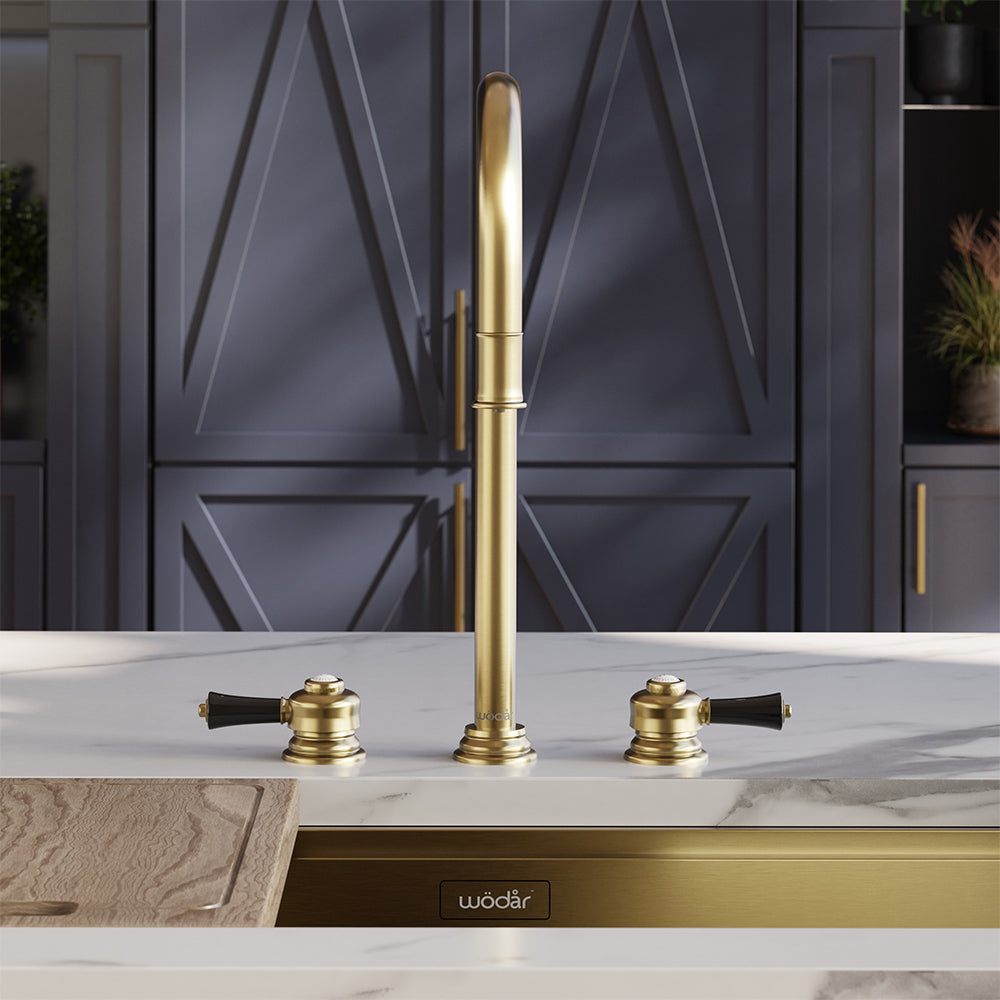 Knightsbridge Deck Mount Traditional 4 in 1 Pull Out Brushed Brass Black Handle Boiling Hot Water Tap