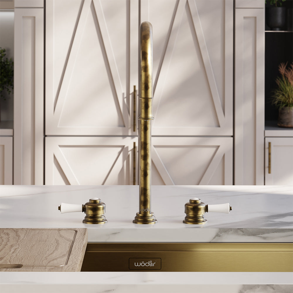 Knightsbridge Deck Mount Traditional 4 in 1 Pull Out Aged Brass White Handle Boiling Hot Water Tap