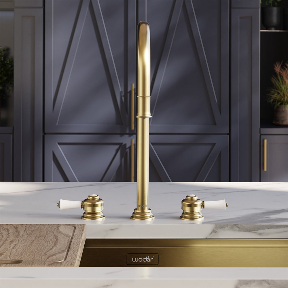 Knightsbridge Deck Mount Traditional 4 in 1 Pull Out Brushed Brass White Handle Boiling Hot Water Tap