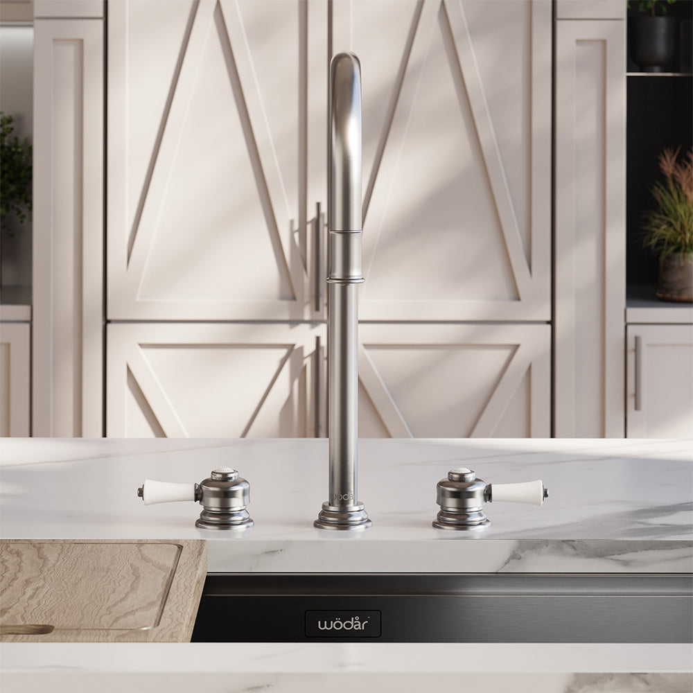 Knightsbridge Deck Mount Traditional 4 in 1 Pull Out Brushed Nickel White Handle Boiling Hot Water Tap