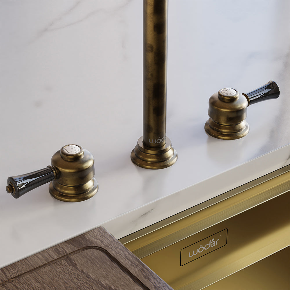 Knightsbridge Deck Mount Traditional 4 in 1 Pull Out Aged Brass Black Handle Boiling Hot Water Tap