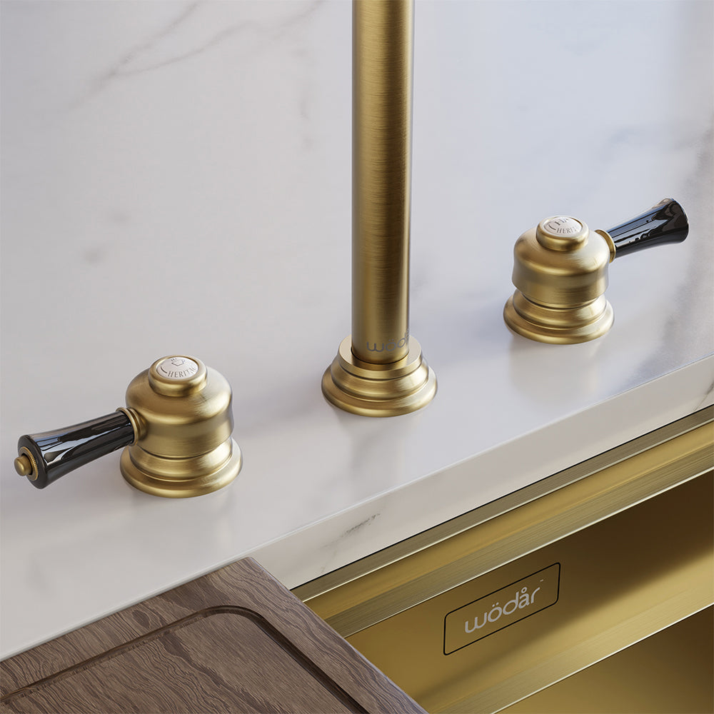 Knightsbridge Deck Mount Traditional 4 in 1 Pull Out Brushed Brass Black Handle Boiling Hot Water Tap