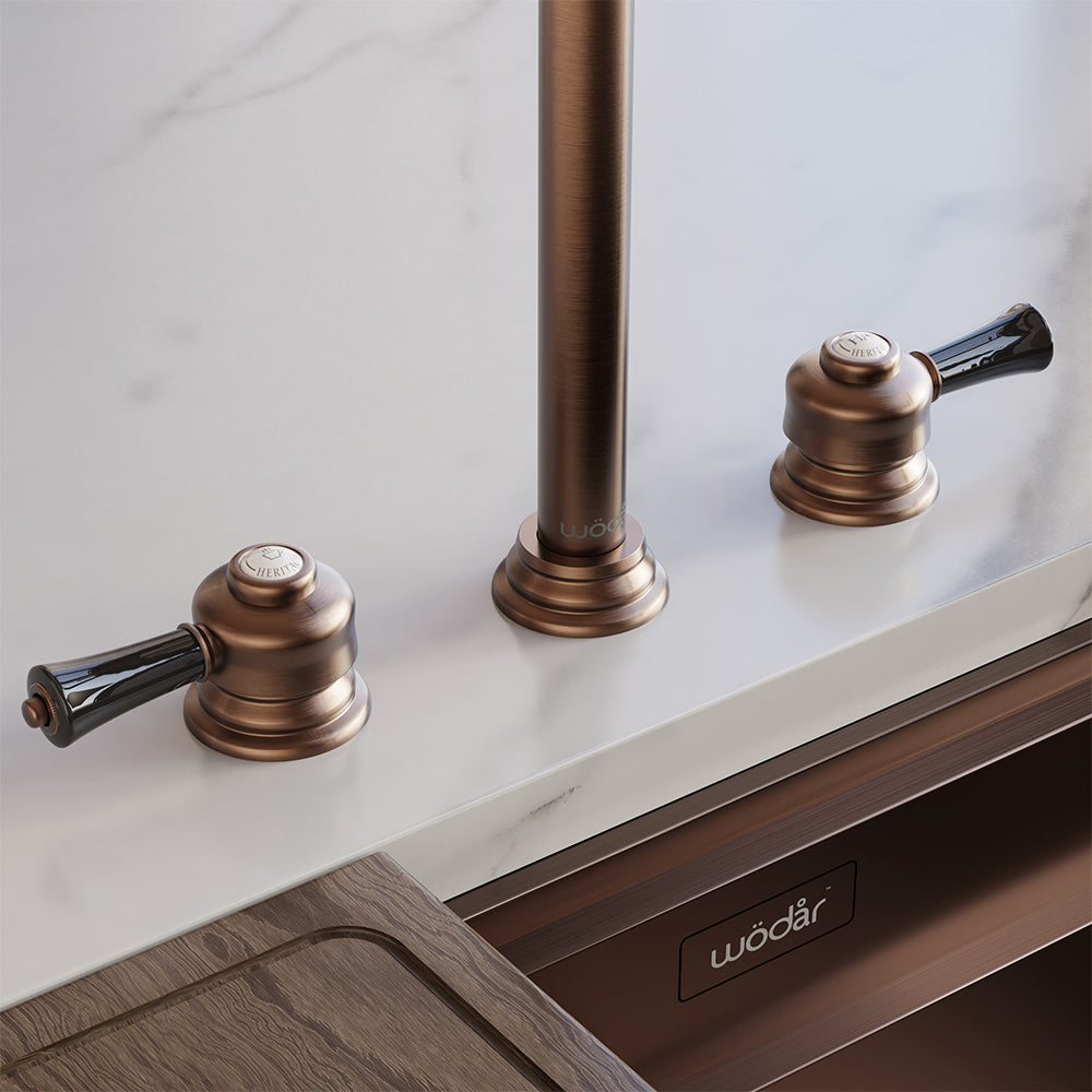 Knightsbridge Deck Mount Traditional 4 in 1 Pull Out Brushed Copper Black Handle Boiling Hot Water Tap