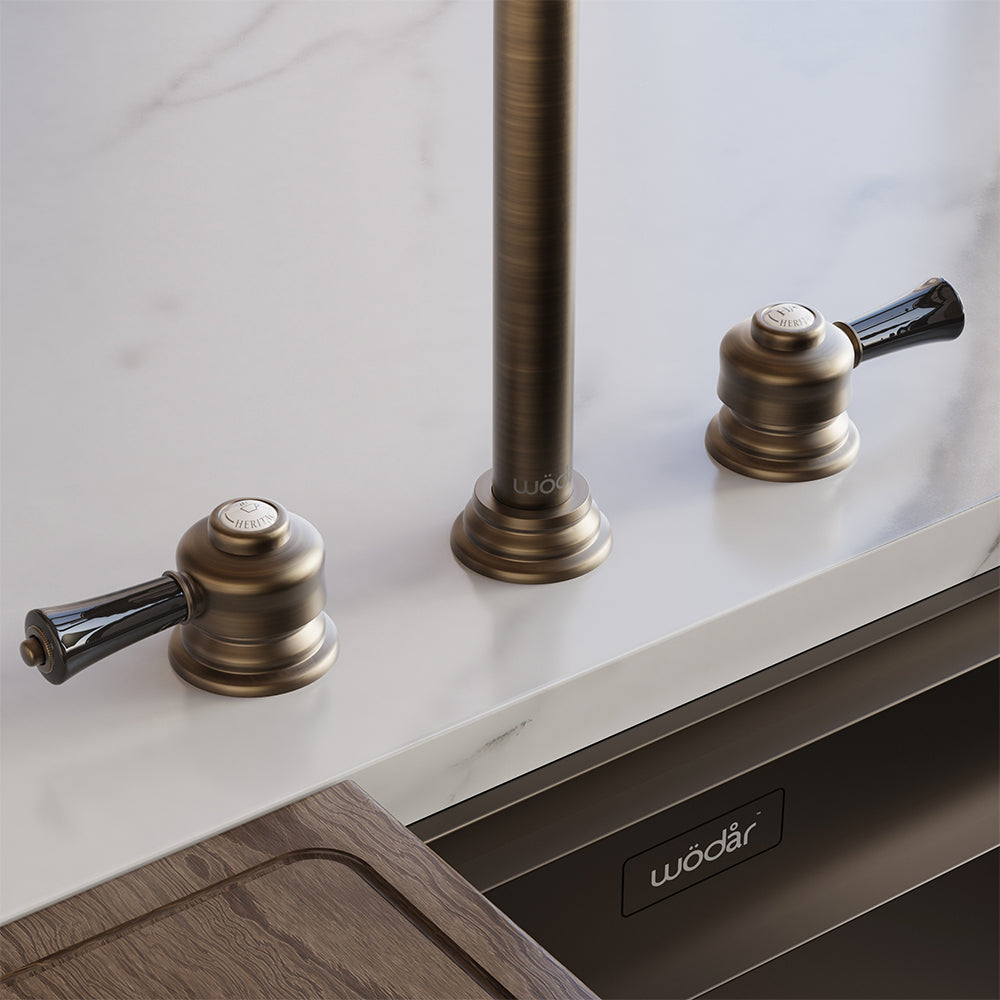 Knightsbridge Deck Mount Traditional 4 in 1 Pull Out Dark Brass Black Handle Boiling Hot Water Tap