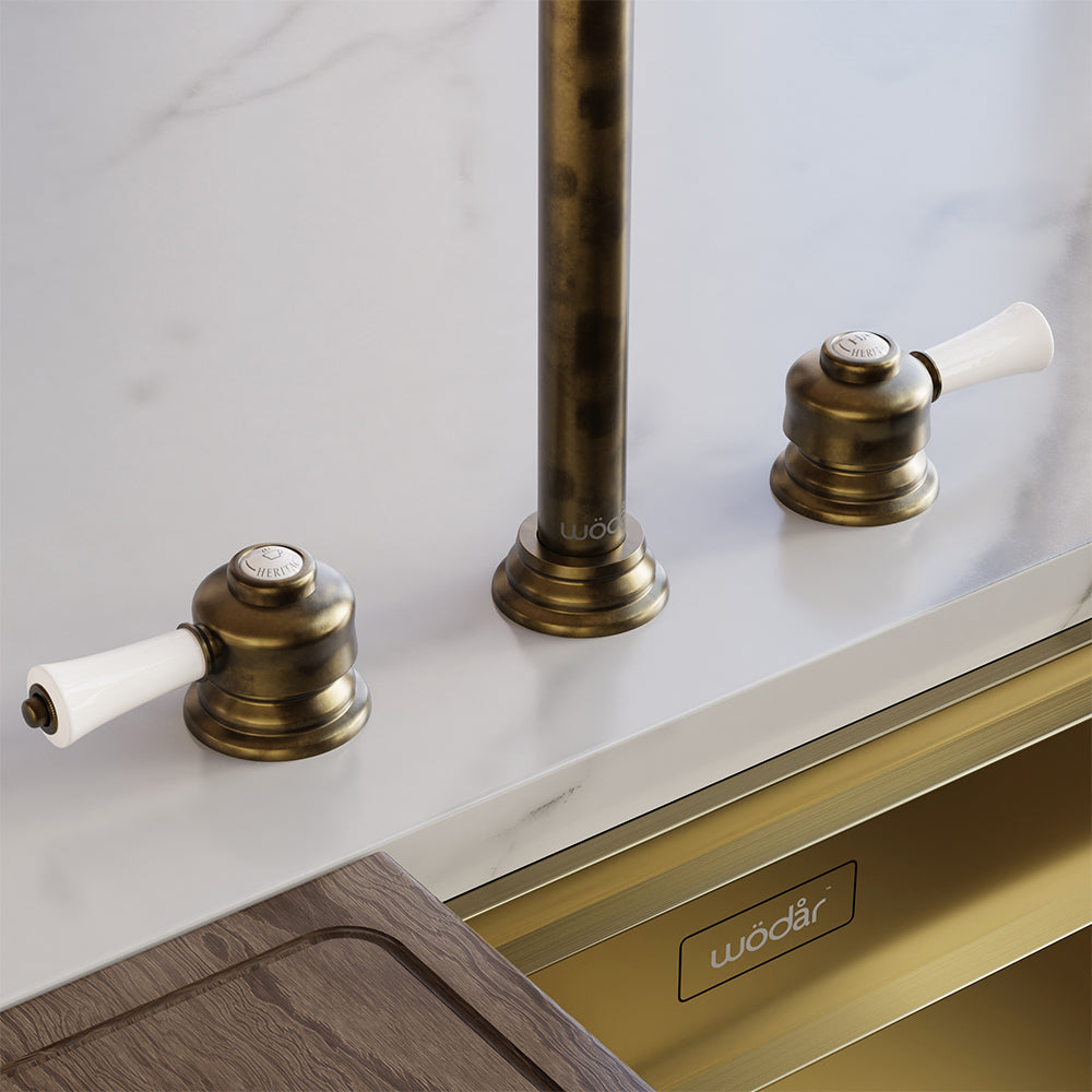 Knightsbridge Deck Mount Traditional 4 in 1 Pull Out Aged Brass White Handle Boiling Hot Water Tap