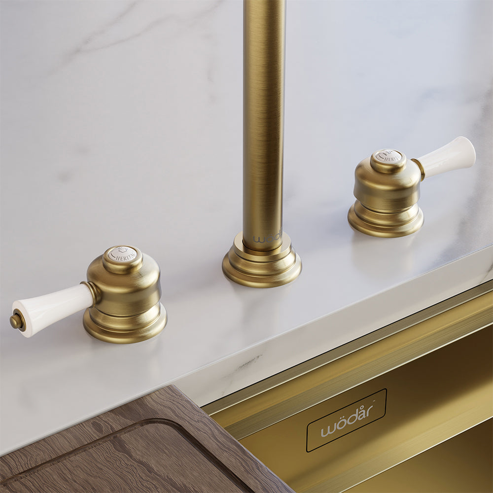 Knightsbridge Deck Mount Traditional 4 in 1 Pull Out Brushed Brass White Handle Boiling Hot Water Tap