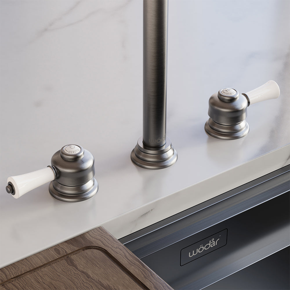 Knightsbridge Deck Mount Traditional 4 in 1 Pull Out Brushed Nickel White Handle Boiling Hot Water Tap