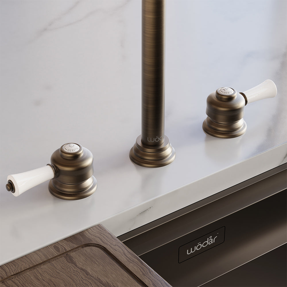 Knightsbridge Deck Mount Traditional 4 in 1 Pull Out Dark Brass White Handle Boiling Hot Water Tap